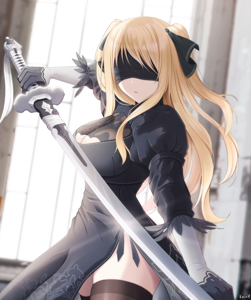 1girl ao_no_kanata_no_four_rhythm artist_name bangs black_blindfold black_dress black_gloves black_legwear black_ribbon blindfold blonde_hair breasts cosplay covered_eyes dress elbow_gloves from_side gloves hair_ribbon highres holding holding_sword holding_weapon keenh large_breasts long_hair long_sleeves looking_to_the_side nier_(series) nier_automata parted_lips puffy_sleeves ribbon satouin_reiko side_slit solo sword thigh-highs two_side_up weapon yorha_no._2_type_b yorha_no._2_type_b_(cosplay)