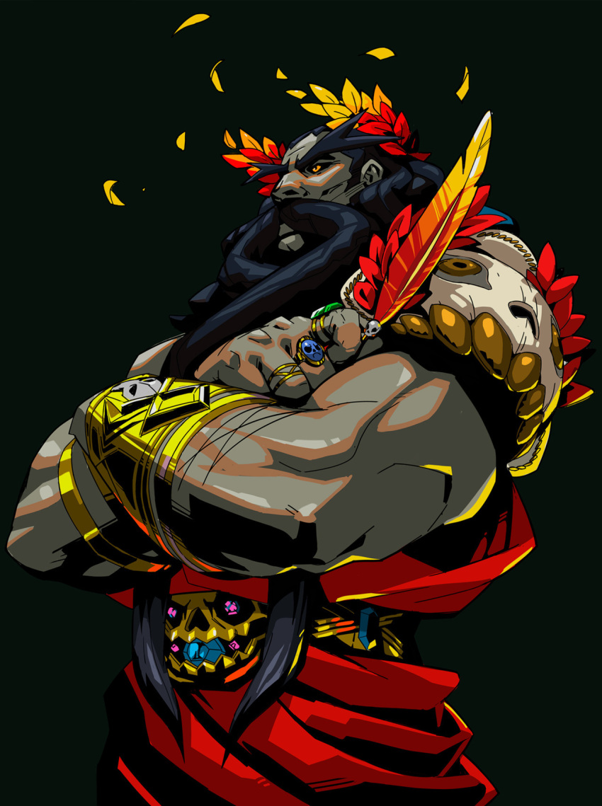 1boy armor beard belt black_hair bracelet colored_skin crossed_arms dark_background facial_hair gradient gradient_background grey_skin hades_(game) hades_(hades) highres jewelry laurel_crown male_focus muscular muscular_male nexzerker quill ring shoulder_armor solo standing thick_eyebrows yellow_eyes