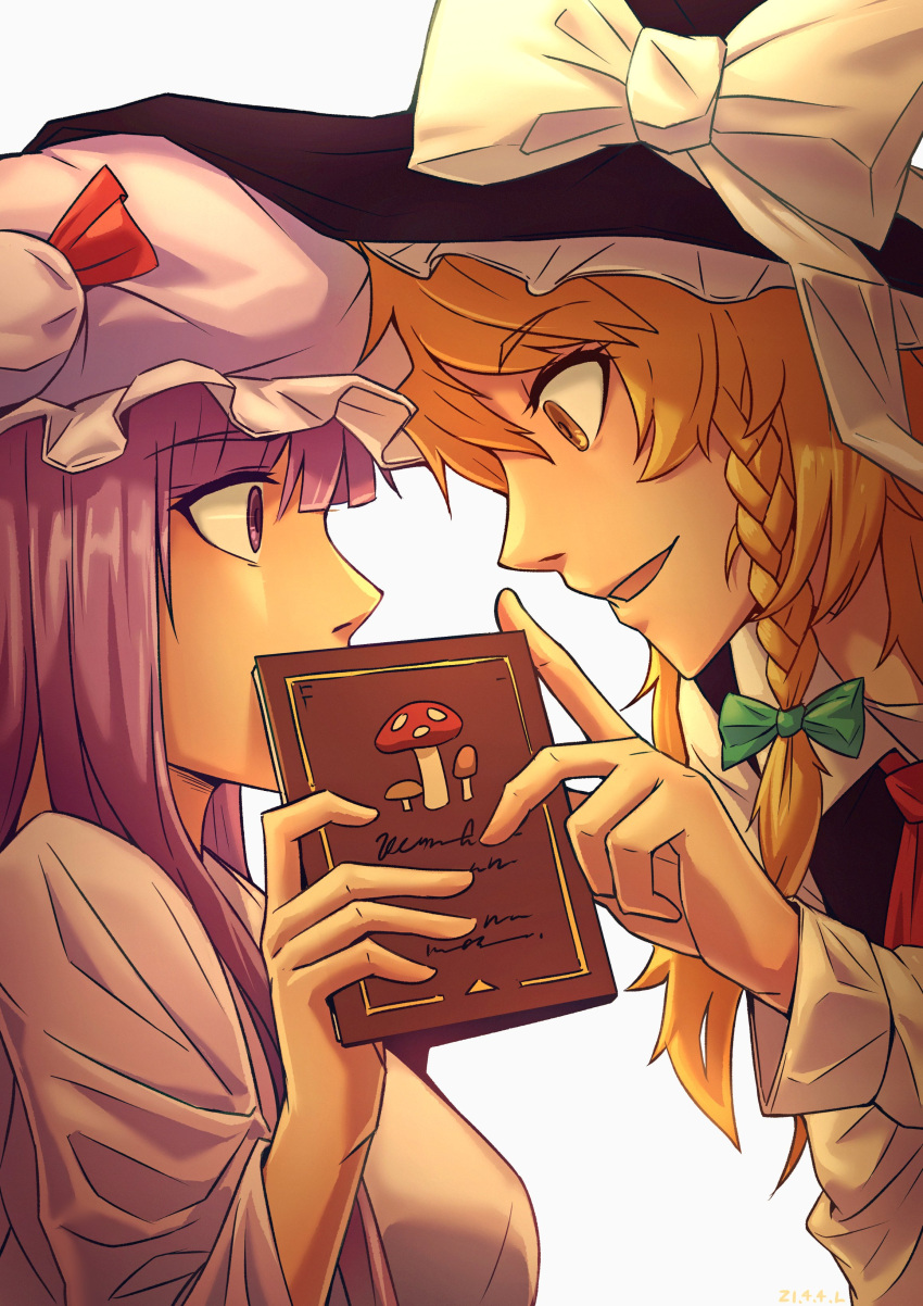 2girls absurdres bangs black_vest blonde_hair blunt_bangs book bow braid collared_shirt commentary covered_mouth eyebrows_visible_through_hair from_side green_bow green_ribbon hat hat_bow highres holding holding_book kirisame_marisa mob_cap multiple_girls mushroom open_mouth patchouli_knowledge profile purple_hair red_bow red_neckwear red_ribbon ribbon royl shirt simple_background single_braid touhou vest violet_eyes white_background white_bow white_ribbon white_shirt witch_hat yellow_eyes