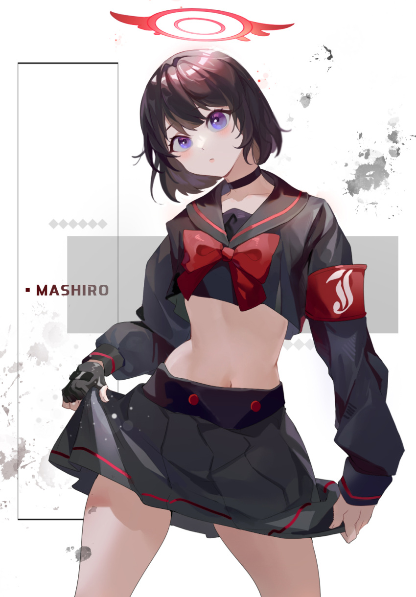 1girl armband black_choker black_gloves black_hair black_sailor_collar black_shirt black_skirt blue_archive bow character_name choker cowboy_shot crop_top fingerless_gloves gloves halo head_tilt highres long_sleeves looking_at_viewer mashiro_(blue_archive) midriff miniskirt navel red_bow sailor_collar sailor_shirt shijiujun shirt short_hair skirt skirt_hold skirt_set solo standing stomach violet_eyes white_background