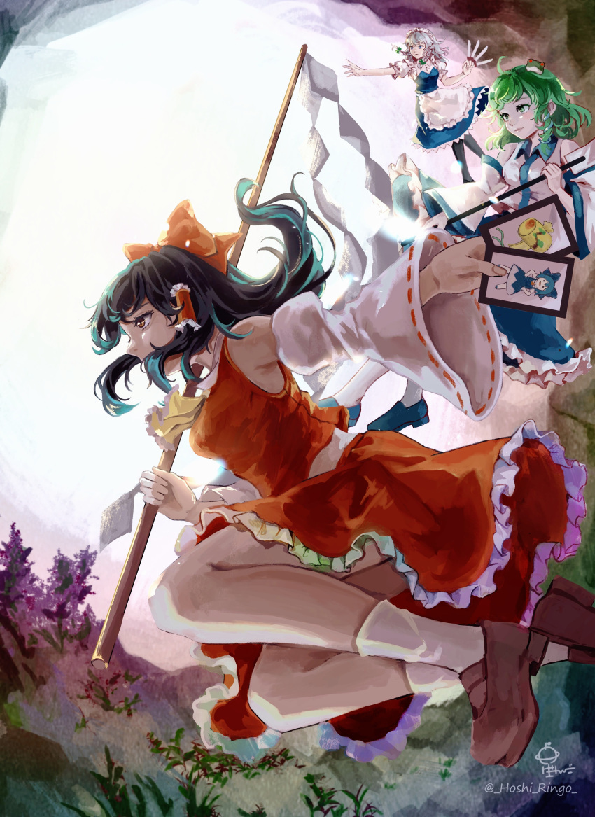 3girls absurdres ahoge armpit_peek between_fingers black_hair black_legwear blue_eyes blue_skirt blue_vest bow braid brown_footwear calf_socks card cirno commentary_request cravat day detached_sleeves fisheye flying folded_leg forest frog_hair_ornament from_below from_side gohei green_eyes green_hair hair_bow hair_ornament hair_over_mouth hakurei_reimu highres holding holding_card holding_knife hoshiringo0902 izayoi_sakuya knife kochiya_sanae loafers long_hair looking_to_the_side maid_headdress miracle_mallet multiple_girls nature oonusa outdoors outstretched_arm pantyhose petticoat red_skirt red_vest shoes short_hair signature silver_hair skirt snake_hair_ornament touhou twin_braids twitter_username unconnected_marketeers vest white_legwear white_vest yellow_neckwear