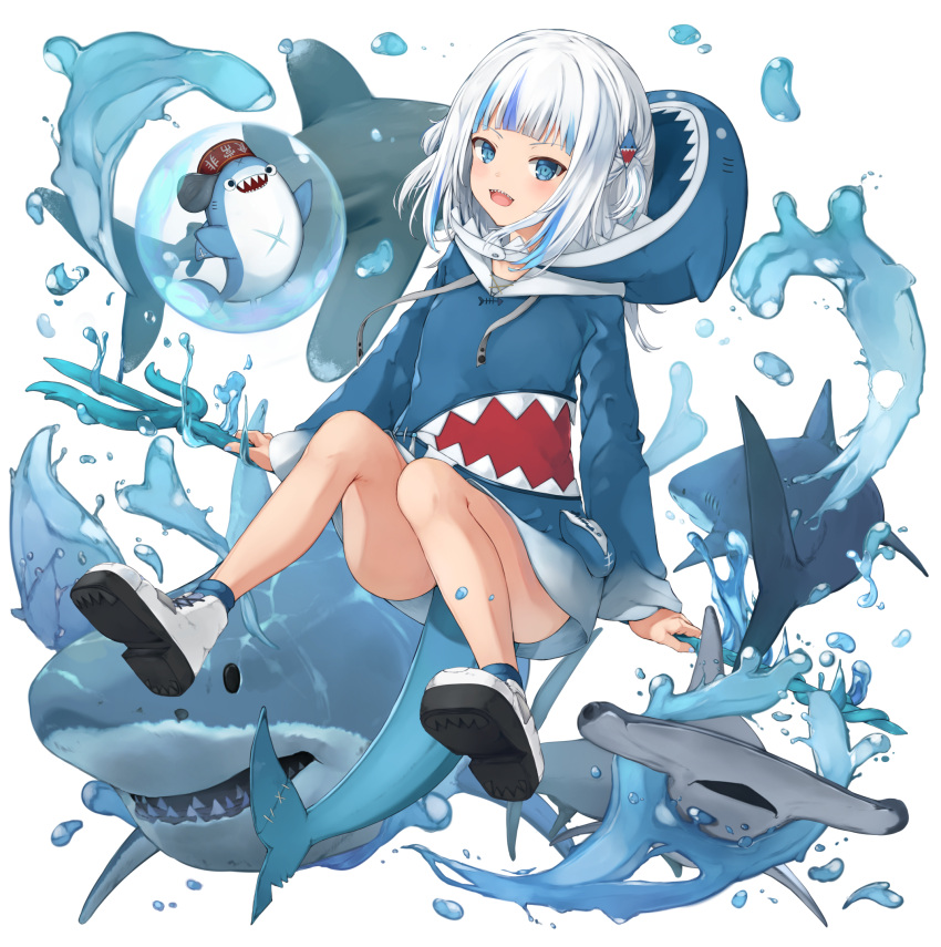 1girl :d animal_costume animal_hood bangs bloop_(gawr_gura) blue_eyes blue_hair blue_hoodie blunt_bangs blush fish_tail floating gawr_gura hair_ornament hammerhead_shark highres hololive hololive_english hood hood_down hoodie long_sleeves looking_at_viewer medium_hair multicolored_hair open_mouth piisu polearm shark shark_costume shark_girl shark_hair_ornament shark_hood shark_tail sharp_teeth shoes silver_hair sleeves_past_wrists smile sneakers solo streaked_hair tail teeth trident two_side_up upper_teeth v-shaped_eyebrows virtual_youtuber water weapon white_footwear wide_sleeves