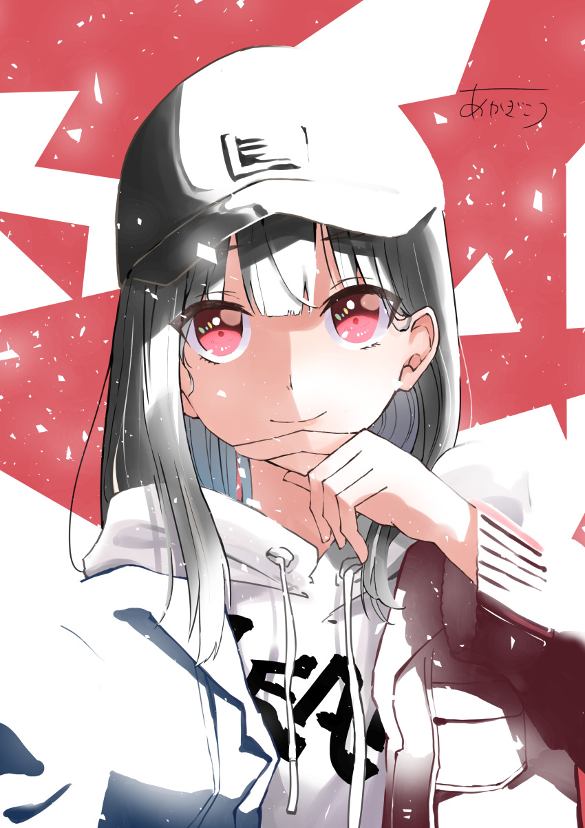 1girl absurdres akagikou bangs baseball_cap black_hair black_headwear blue_jacket brown_jacket closed_mouth commentary_request drawstring eyebrows_visible_through_hair hand_up hat highres hood hood_down hoodie jacket long_hair long_sleeves looking_at_viewer open_clothes open_jacket original signature smile solo upper_body white_hoodie