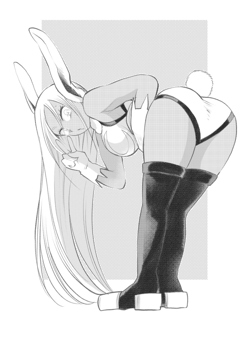 1girl animal_ears ass bare_shoulders boku_no_hero_academia breasts bunny_tail from_behind full_body fur_collar gloves greyscale highres long_hair looking_at_viewer looking_back mirko monochrome nstime23 rabbit_ears solo standing tail thigh-highs v very_long_hair