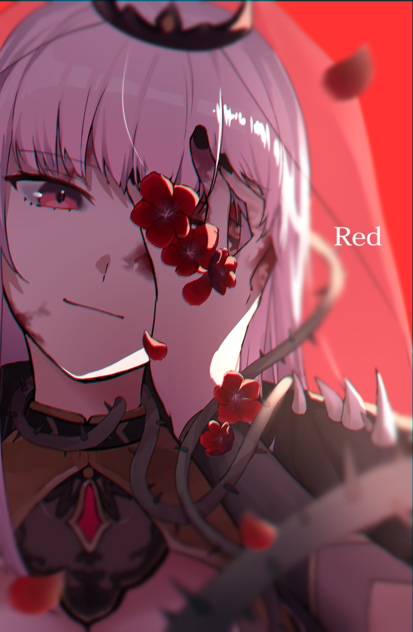 1girl absurdres bangs black_cape blood blood_on_face bloody_hands cape eyebrows_behind_hair hand_over_eye highres hololive hololive_english itagaku light_smile looking_to_the_side mori_calliope pink_hair plant red_background smile solo spikes tiara upper_body veil vines virtual_youtuber