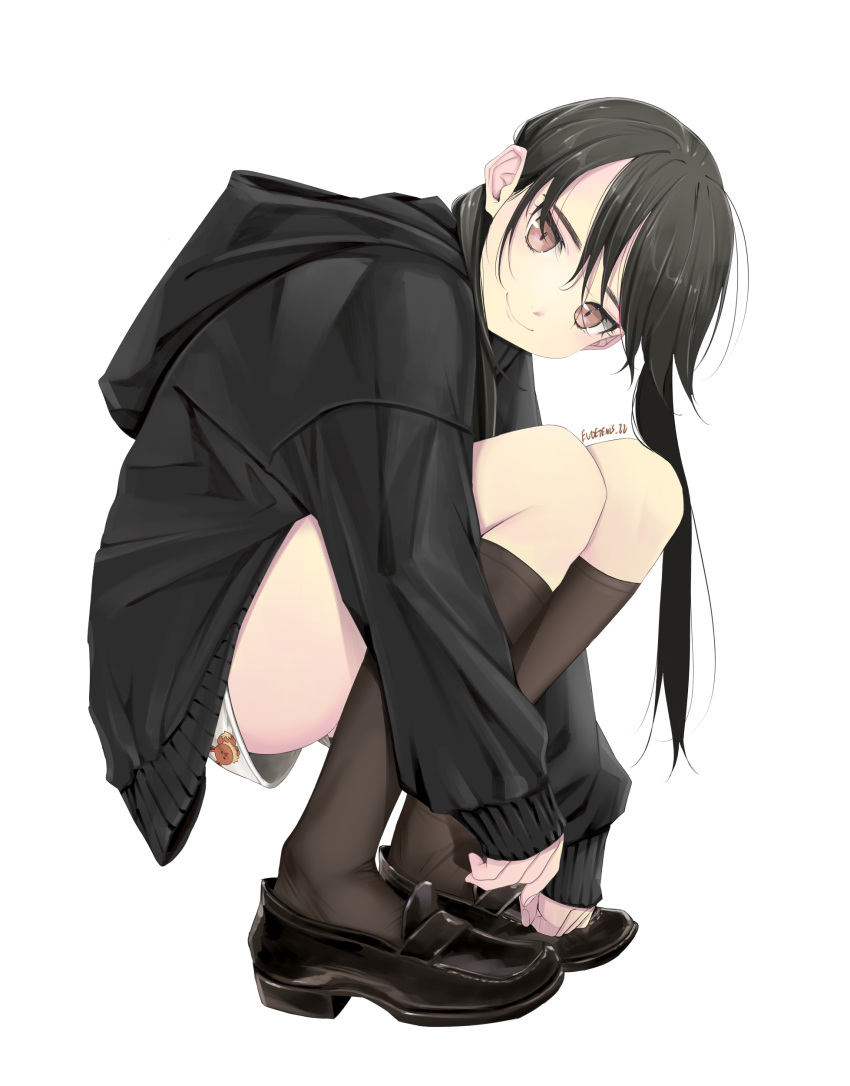 1girl absurdres black_footwear black_hair black_legwear brown_eyes clip_studio_paint_(medium) eevee eudetenis from_side head_tilt highres hood hoodie hugging_own_legs kneehighs long_hair long_sleeves looking_at_viewer original pokemon shoes simple_background smile solo squatting white_background