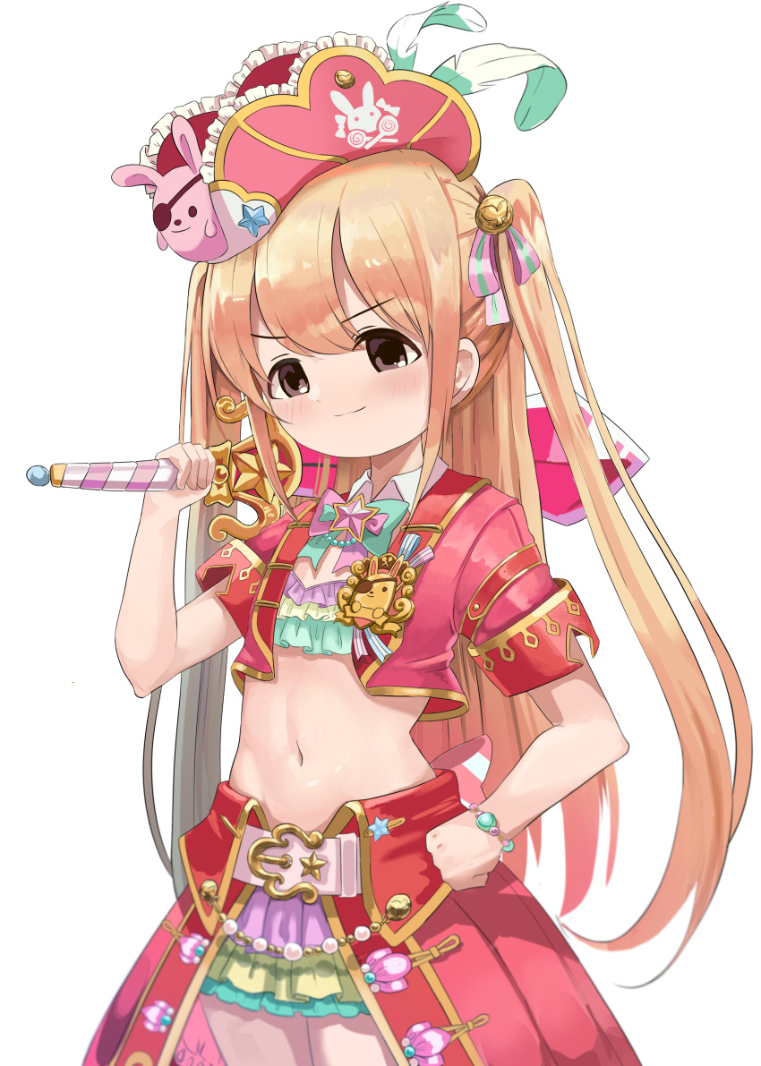 1girl absurdres bangs belt bikini bikini_skirt bikini_under_clothes blonde_hair blush bow bracelet carrying_over_shoulder closed_mouth commentary_request cowboy_shot cropped_jacket detached_collar eyebrows_visible_through_hair flat_chest frilled_bikini frills futaba_anzu gim_silpeu groin hair_between_eyes hand_on_hip hat hat_feather highres holding holding_wand idolmaster idolmaster_cinderella_girls idolmaster_cinderella_girls_starlight_stage jacket jewelry korean_commentary long_hair looking_at_viewer midriff multicolored multicolored_bikini multicolored_clothes navel open_clothes open_jacket pink_belt pink_jacket pirate_costume pirate_hat short_sleeves sidelocks simple_background smile solo standing stuffed_animal stuffed_bunny stuffed_toy swimsuit two_side_up waistcoat wand white_background