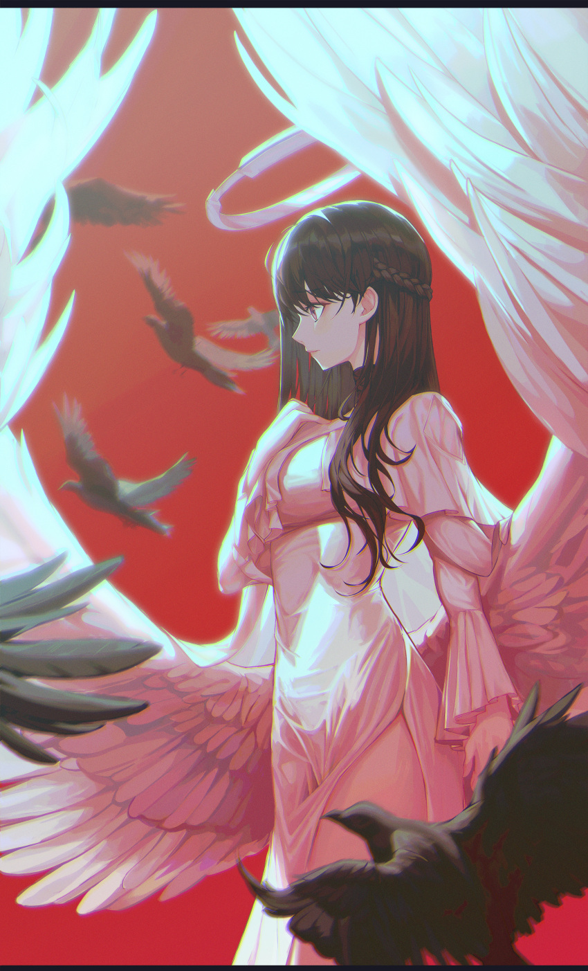 1girl absurdres angel angel_wings bird braid brown_eyes brown_hair cowboy_shot crow dress feathered_wings flying frilled_sleeves frills halo hand_on_own_chest highres latin_commentary long_hair long_sleeves low_wings original red_background solo white_dress wings xeonomi