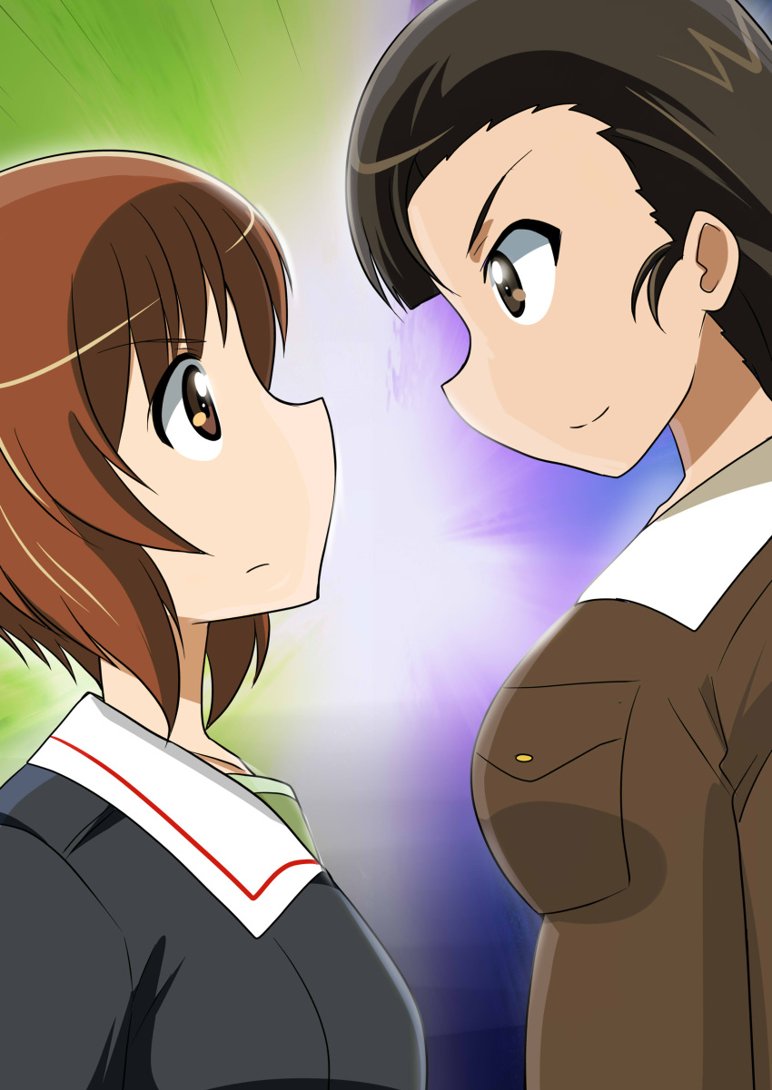 2girls absurdres bangs black_eyes black_hair blue_background blue_jacket brown_eyes brown_hair chi-hatan_military_uniform closed_mouth commentary eyebrows_visible_through_hair faceoff from_side frown girls_und_panzer girls_und_panzer_saishuushou green_background green_shirt height_difference highres jacket long_hair looking_at_another military military_uniform multiple_girls nishi_kinuyo nishizumi_miho ooarai_military_uniform shirt short_hair smile straight_hair two-tone_background uniform wakku_kan