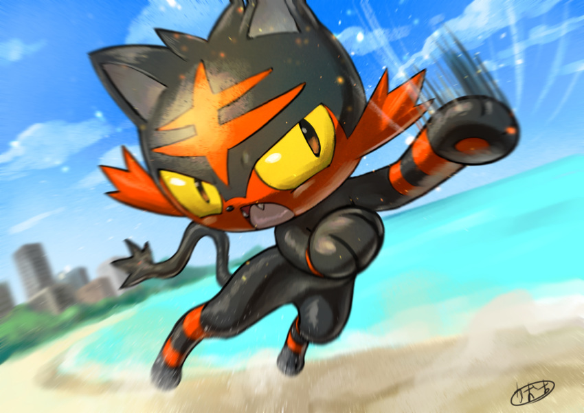 clouds commentary_request day fangs gen_7_pokemon kaosu_(kaosu0905) litten motion_lines no_humans open_mouth outdoors paws pokemon pokemon_(creature) sand shore signature sky solo toes tongue water