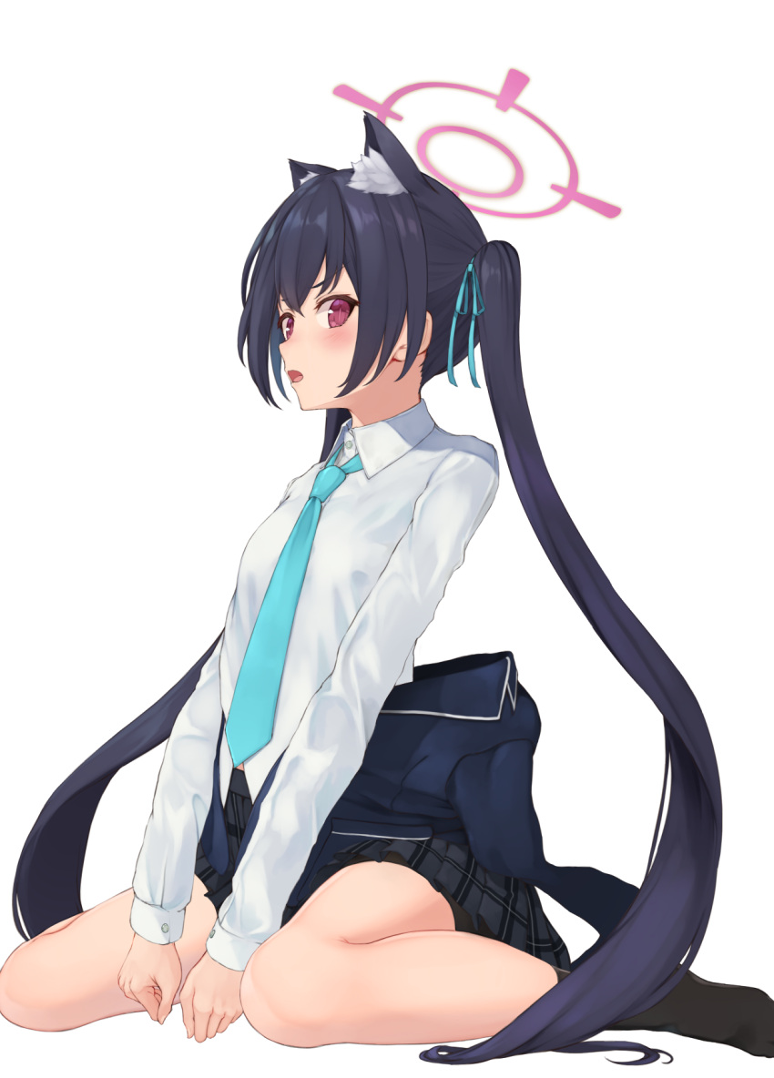 1girl animal_ear_fluff animal_ears aqua_neckwear black_hair black_legwear black_skirt blazer blue_archive blue_jacket blush bow bowtie breasts cat_ears cowboy_shot dress_shirt embarrassed full_body hair_ribbon halo highres jacket jacket_pull long_hair long_sleeves looking_at_viewer miniskirt piisu plaid plaid_skirt pleated_skirt red_eyes ribbon serika_(blue_archive) shirt sideways_glance simple_background sitting skirt small_breasts socks solo twintails very_long_hair wariza white_background white_shirt