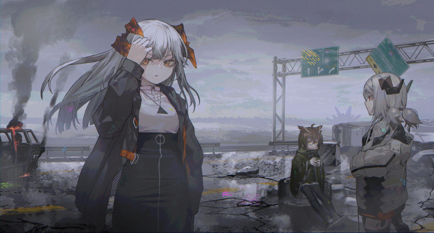 3girls ahoge animal_ears arknights bird_ears black_jacket black_legwear black_skirt blonde_hair blouse buttons car clouds cloudy_sky cracked_floor cup demon_horns dragon_horns feather_hair fire frown fur-trimmed_jacket fur_trim glasses glitch green_jacket grey_jacket grey_sky grey_theme ground_vehicle hand_in_hair high-waist_skirt highres holding holding_cup horns ifrit_(arknights) jacket jewelry long_hair looking_at_viewer metsurin motor_vehicle multiple_girls necklace off_shoulder open_clothes open_jacket orange_eyes orange_horns originium_(arknights) red_eyes road road_sign saria_(arknights) short_hair short_twintails sign silence_(arknights) silver_hair skirt sky smoke strap twintails white_blouse zipper_skirt