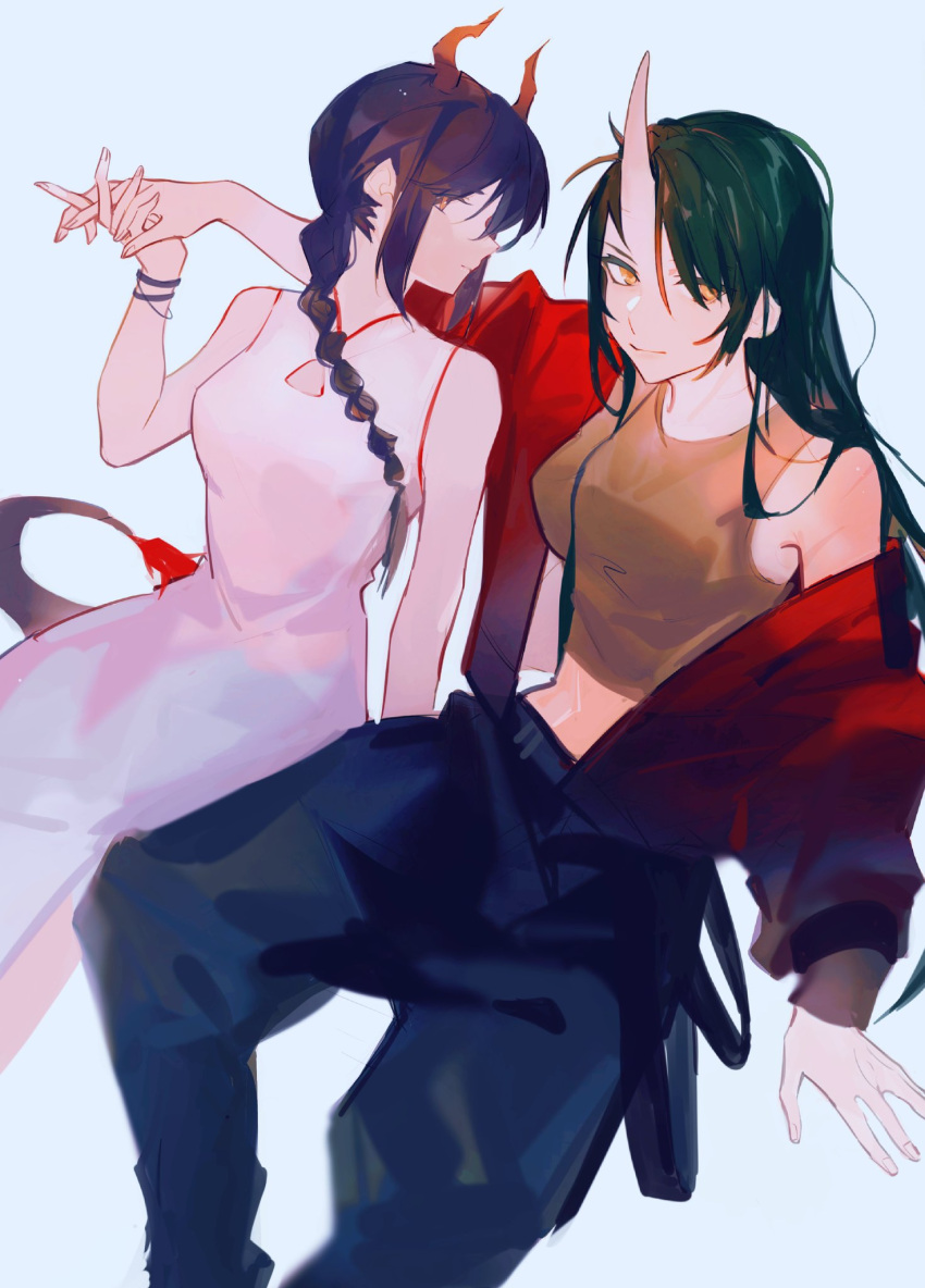 2girls arknights baggy_pants bare_arms black_hair black_pants blue_background bracelet braid brown_shirt ch'en_(arknights) china_dress chinese_clothes dragon_horns dragon_tail dress feet_out_of_frame green_hair highres holding_hands horns hoshiguma_(arknights) jacket jewelry llmia4 long_hair looking_at_viewer midriff_peek multiple_girls off_shoulder oni_horns orange_eyes pants red_jacket shirt simple_background single_braid sitting tail tank_top white_dress