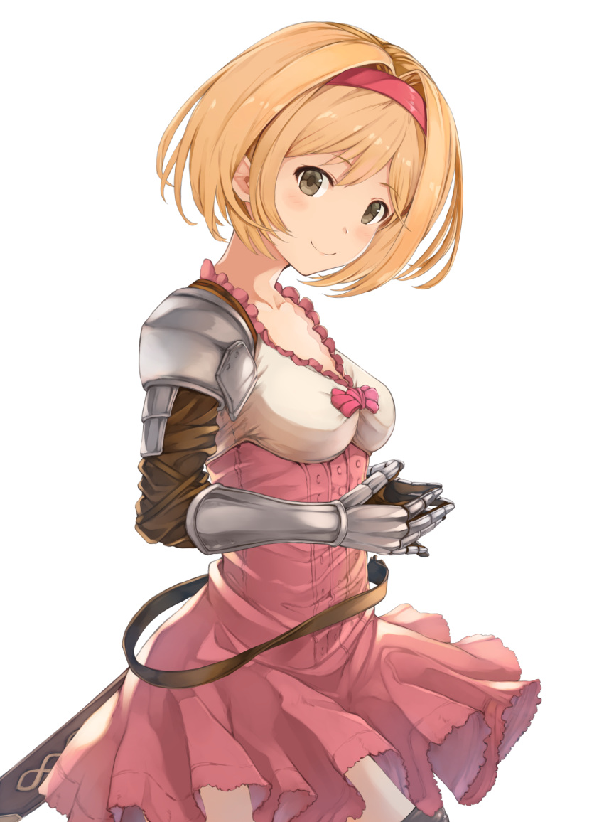 1girl absurdres armor blonde_hair brown_eyes closed_mouth collarbone cowboy_shot djeeta_(granblue_fantasy) dress frilled_dress frills from_side gauntlets granblue_fantasy hair_intakes hairband head_tilt highres looking_at_viewer parted_hair piisu pink_dress sheath short_dress short_hair shoulder_armor simple_background smile solo spaulders steepled_fingers underbust white_background