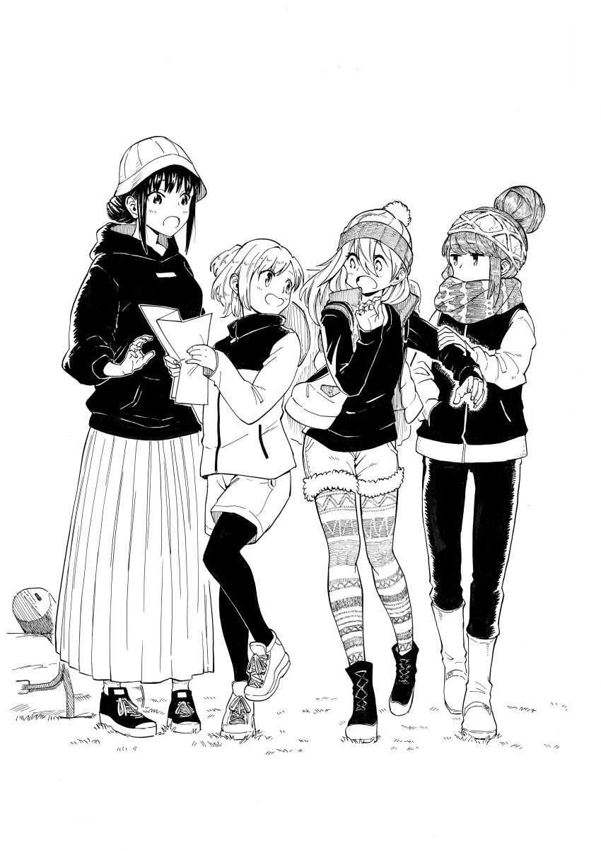 4girls absurdres ayari_(shinmai_shimai_no_futari_gohan) beanie blonde_hair boots choma_(pixiv27726045) eyebrows_visible_through_hair greyscale hair_bun hat highres holding holding_another's_arm holding_map kagamihara_nadeshiko long_skirt long_sleeves map monochrome multiple_girls open_mouth pantyhose pleated_skirt sachi_(shinmai_shimai_no_futari_gohan) scarf shima_rin shinmai_shimai_no_futari_gohan shoes simple_background skirt sneakers surprised white_background yurucamp