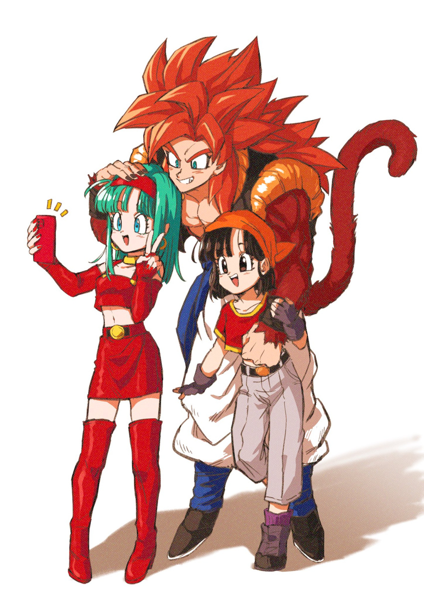 biceps black_footwear black_hair blue_eyes bra_(dragon_ball) brown_eyes cellphone denim dragon_ball dragon_ball_gt dress fingerless_gloves gloves gogeta green_eyes green_hair grin highres holding jeans long_hair metamoran_vest monkey_boy monkey_tail no_nipples obi open_mouth orange_bandana pan_(dragon_ball) pants phone red_dress red_footwear red_fur relio_db318 sash selfie smartphone smile spiky_hair super_saiyan super_saiyan_4 tail taking_picture teeth white_pants