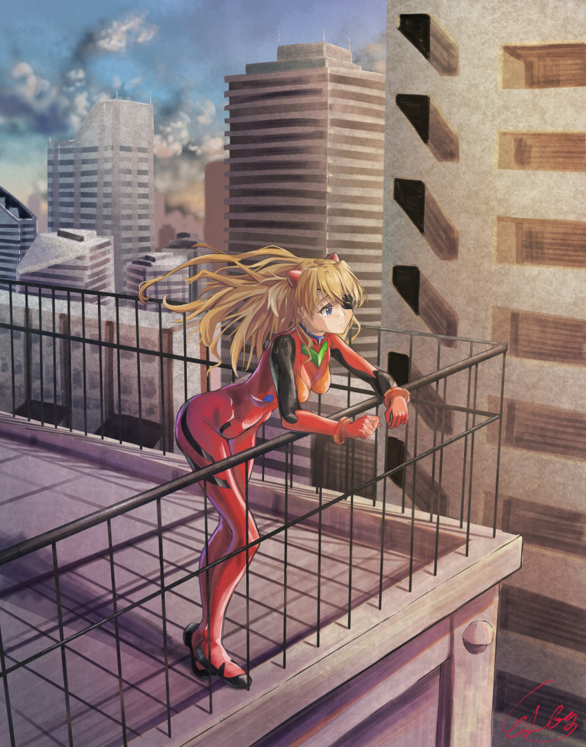 1girl blonde_hair blue_eyes blue_sky breasts building eyepatch highres interface_headset l-phy leaning_on_rail medium_breasts neon_genesis_evangelion plugsuit railing rebuild_of_evangelion shadow shikinami_asuka_langley signature sky skyline solo souryuu_asuka_langley