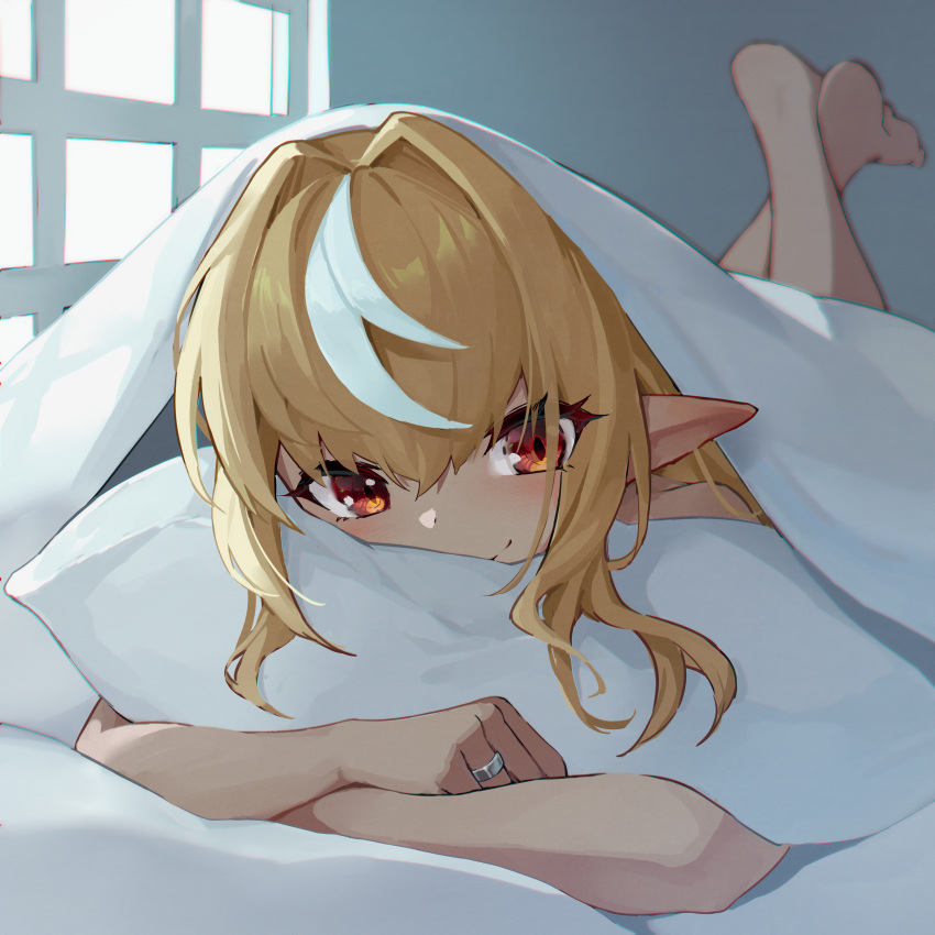1girl absurdres bangs bare_shoulders barefoot bed bed_sheet blonde_hair dark_elf dark_skin dark-skinned_female dre elf feet_up hair_between_eyes highlights highres hololive jewelry long_hair looking_at_viewer lying multicolored_hair on_bed pillow pillow_hug pointy_ears red_eyes ring shiranui_flare smile solo sunlight under_covers virtual_youtuber window