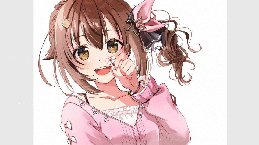 1girl arm_up bracelet brown_eyes brown_hair camisole cherry_blossoms diamond_hair_ornament eyebrows_visible_through_hair flower hair_between_eyes hair_ornament hair_ribbon highres holding holding_flower hololive jewelry leaning_back light_blush long_sleeves looking_at_viewer one_side_up open_mouth pink_shirt ribbon shigure0730 shirt short_hair simple_background solo star_(symbol) star_hair_ornament tokino_sora upper_teeth virtual_youtuber white_background