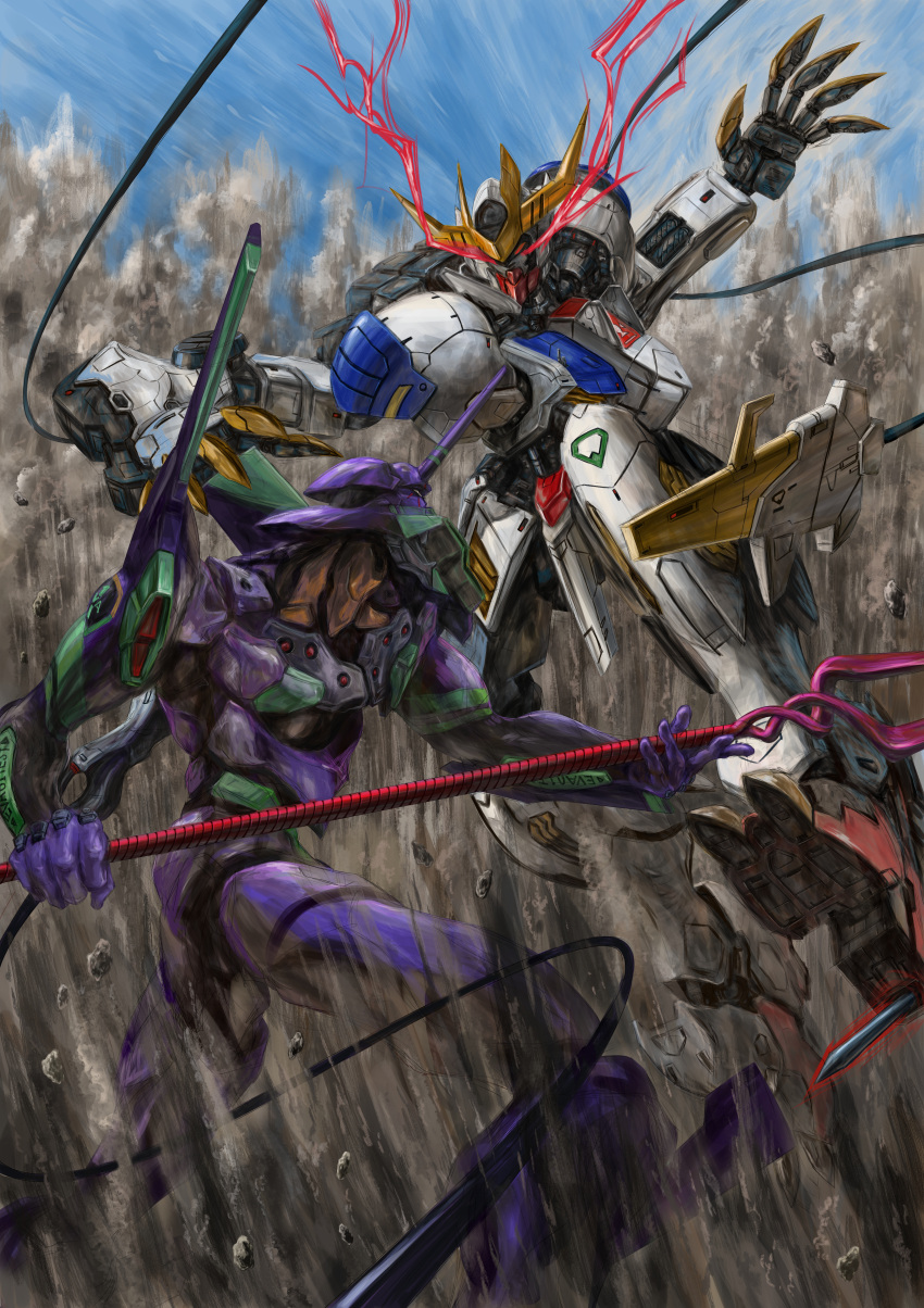 absurdres claws crossover eva_01 fighting glowing glowing_eyes gundam gundam_barbatos gundam_barbatos_lupus_rex gundam_tekketsu_no_orphans highres holding holding_lance holding_polearm holding_weapon horns huge_filesize lance lance_of_longinus looking_down looking_up mecha mechanical_tail mobile_suit neon_genesis_evangelion no_humans open_hands polearm red_eyes science_fiction single_horn tail v-fin weapon zandan_zero_to_na!?
