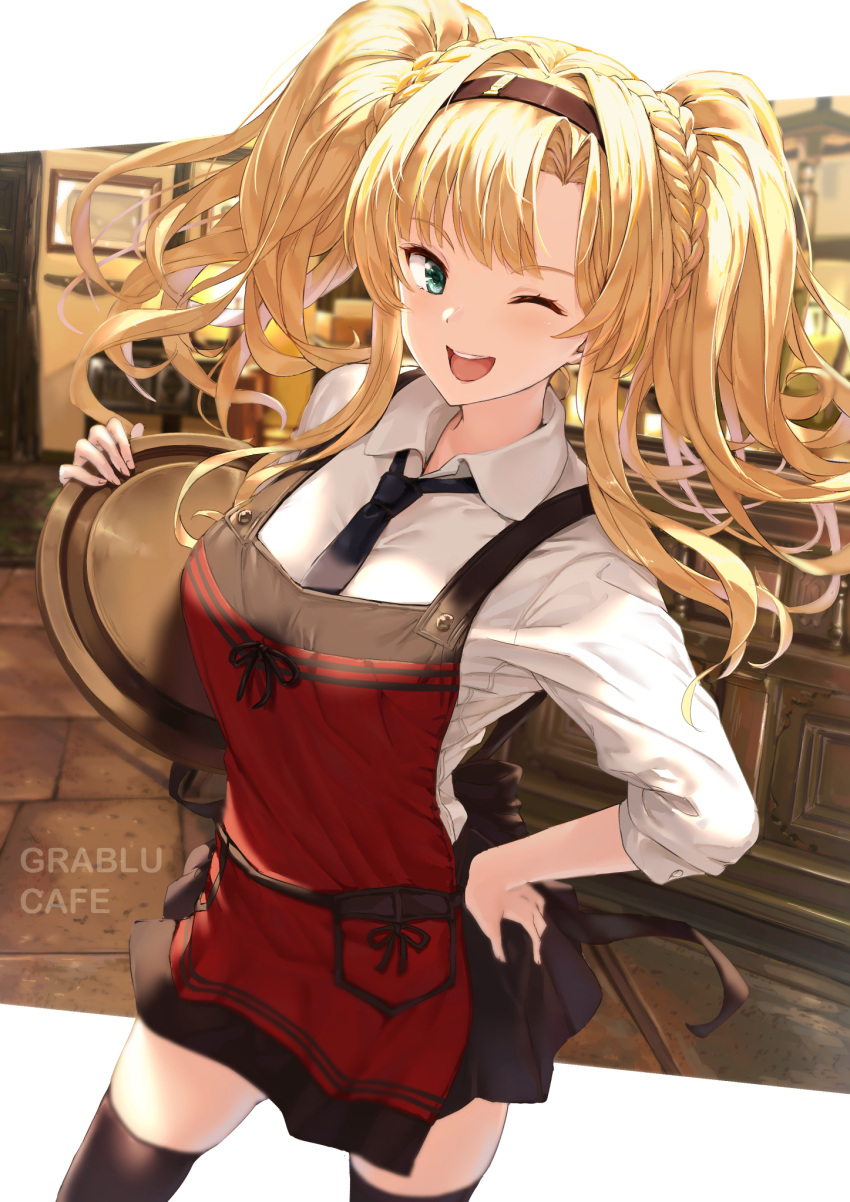 1girl akita_hika apron bangs black_neckwear black_skirt blonde_hair blue_eyes blush braid breasts collared_shirt commentary_request dress_shirt granblue_fantasy hair_intakes hairband highres large_breasts long_hair long_sleeves looking_at_viewer necktie one_eye_closed open_mouth red_apron shirt sidelocks skirt smile tray twintails white_shirt zeta_(granblue_fantasy)