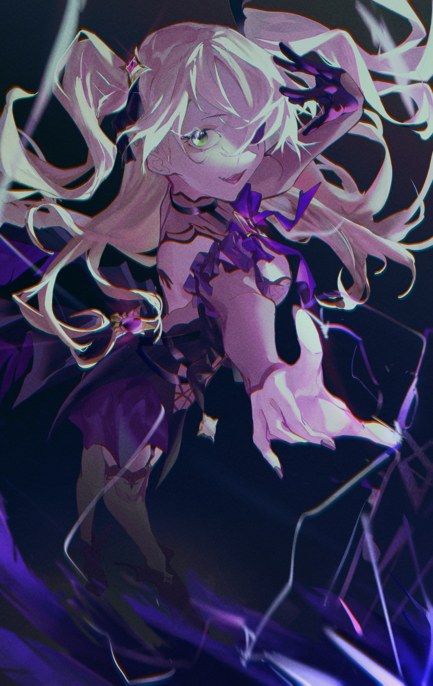 1girl black_eyepatch blonde_hair breasts chinese_commentary commentary_request eyepatch fischl_(genshin_impact) garter_straps genshin_impact gloves green_eyes highres long_hair medium_breasts nail_polish open_mouth purple_nails single_glove smile solo two_side_up zhenxuankuang