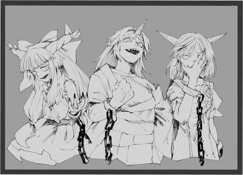 3girls amayadori-tei bangs belt bow breasts chain clenched_hand commentary_request cowboy_shot cropped_legs cuffs evil_eyes evil_smile eyebrows_behind_hair fingernails flower frown grey_background greyscale hair_bow hand_on_own_face hand_up horn_ornament horn_ribbon horns hoshiguma_yuugi ibaraki_douji's_arm ibaraki_kasen ibuki_suika long_fingernails long_hair looking_at_viewer low_tied_hair monochrome multiple_girls neckerchief off_shoulder oni oni_horns open_mouth parted_bangs pointy_ears puffy_short_sleeves puffy_sleeves ribbon shackles sharp_fingernails sharp_teeth shirt short_hair short_sleeves side-by-side sidelocks simple_background single_horn skirt sleeveless sleeveless_shirt smile sneer star_(symbol) tabard teeth torn_clothes torn_sleeves touhou veins wrist_cuffs