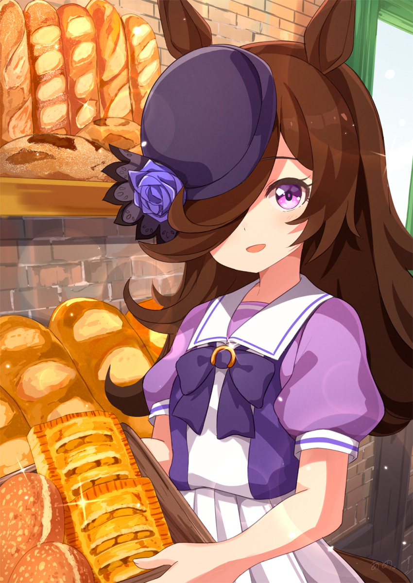 1girl :d ame. baguette bangs black_headwear blue_flower blue_rose blush bow bread brick_wall brown_hair commentary_request eyebrows_visible_through_hair flower food hair_over_one_eye hat hat_flower highres holding looking_at_viewer open_mouth pleated_skirt puffy_short_sleeves puffy_sleeves purple_bow purple_shirt rice_shower_(umamusume) rose school_uniform shirt short_sleeves skirt smile solo standing tilted_headwear tracen_school_uniform umamusume violet_eyes white_skirt