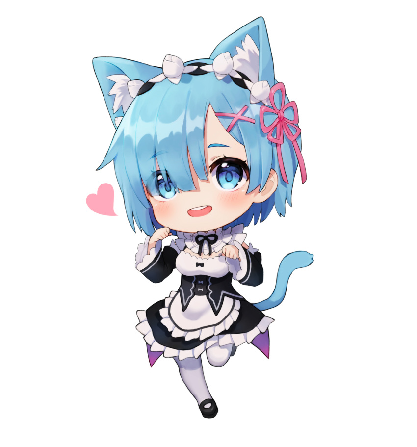 1girl :d absurdres animal_ears apron bangs black_dress black_footwear black_ribbon blue_eyes blue_hair blush cat_ears cat_girl cat_tail chibi detached_sleeves dress frilled_apron frilled_dress frills full_body hair_ornament hair_over_one_eye hands_up happy heart highres hue kemonomimi_mode looking_at_viewer maid neck_ribbon open_mouth paw_pose re:zero_kara_hajimeru_isekai_seikatsu rem_(re:zero) ribbon shiny shiny_hair shoes short_hair simple_background smile solo tail upper_teeth white_background x_hair_ornament