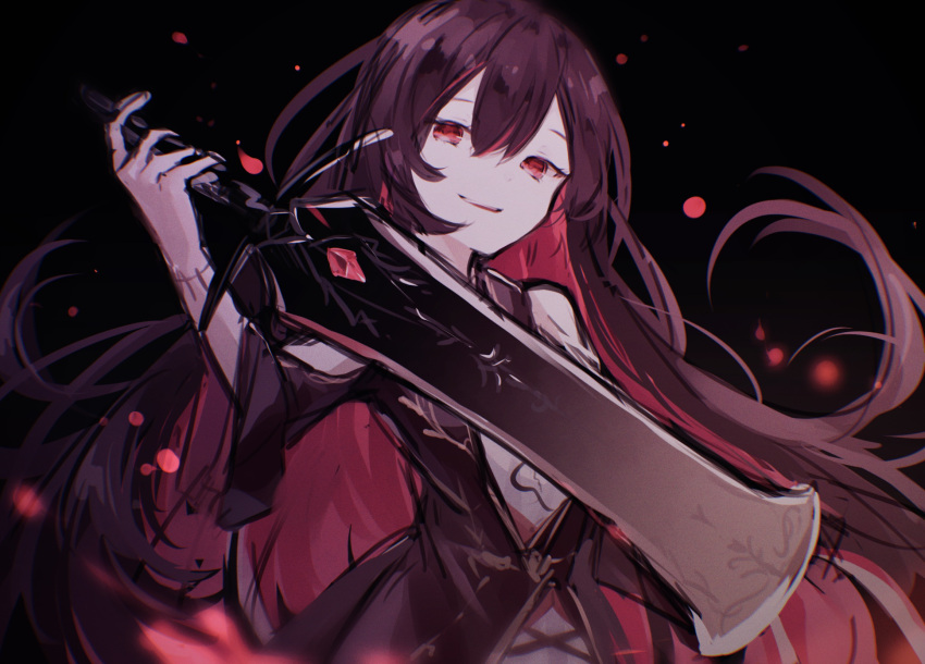 1girl arcaea bangs bare_shoulders black_background black_dress black_hair blood blood_splatter bracelet clothing_cutout commentary dress hair_between_eyes highres holding holding_sword holding_weapon jewelry long_sleeves mir_(arcaea) miyu_(miy_u1308) multicolored_hair parted_lips red_eyes redhead shoulder_cutout simple_background smirk solo sword two-tone_hair upper_body weapon