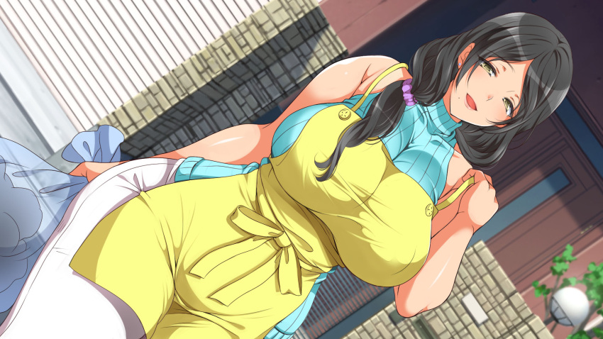1girl :d apron aqua_sweater bag bare_arms black_hair breasts brick_wall door dutch_angle ear_piercing eyebrows_visible_through_hair gaki_ni_modotte_yarinaoshi hair_ornament hair_scrunchie highres holding holding_bag house huge_breasts koto_(marron_marron) looking_at_viewer mature medium_hair non-web_source open_mouth outdoors pants piercing scrunchie side_ponytail sidelocks sleeveless sleeveless_turtleneck smile solo sweater thick_thighs thighs trash_bag turtleneck turtleneck_sweater white_pants wide_hips yellow_eyes