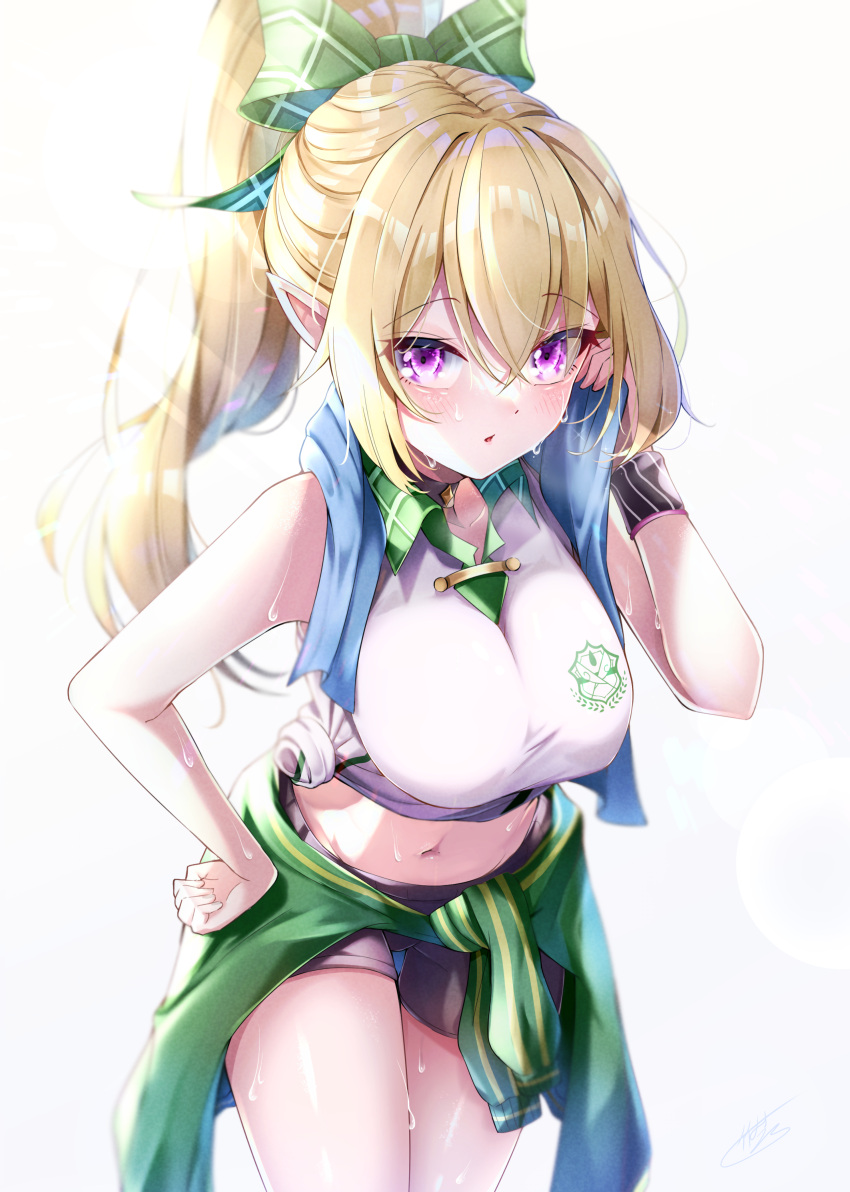 1girl :o absurdres bangs black_shorts blonde_hair blue_towel blush bow breasts chloe_(princess_connect!) clothes_around_waist collared_shirt commentary_request eyebrows_visible_through_hair green_bow green_jacket hair_bow highres jacket jacket_around_waist large_breasts leaning_forward long_hair looking_at_viewer navel pointy_ears ponytail princess_connect! princess_connect!_re:dive shirt short_shorts shorts sidelocks sleeveless sleeveless_shirt solo standing sweat takemura_kou thighs tied_shirt towel towel_around_neck violet_eyes white_shirt wrist_cuffs