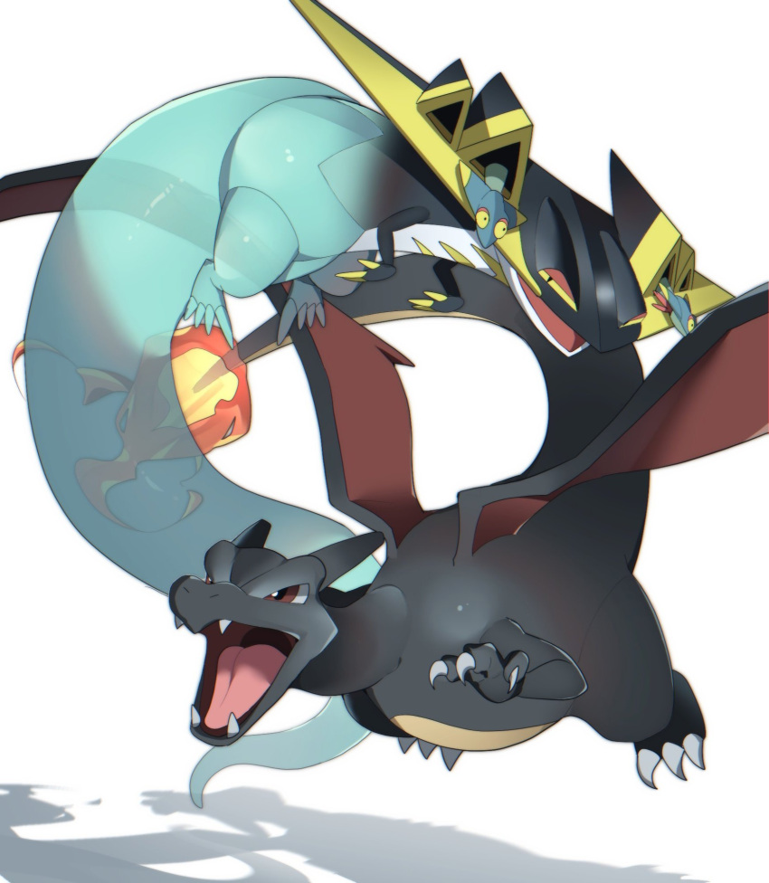 alternate_color alu_drp brown_eyes charizard claws commentary_request dragapult dreepy fangs fire flame floating flying gen_1_pokemon gen_8_pokemon highres looking_to_the_side no_humans open_mouth pokemon pokemon_(creature) shiny shiny_pokemon simple_background tongue white_background