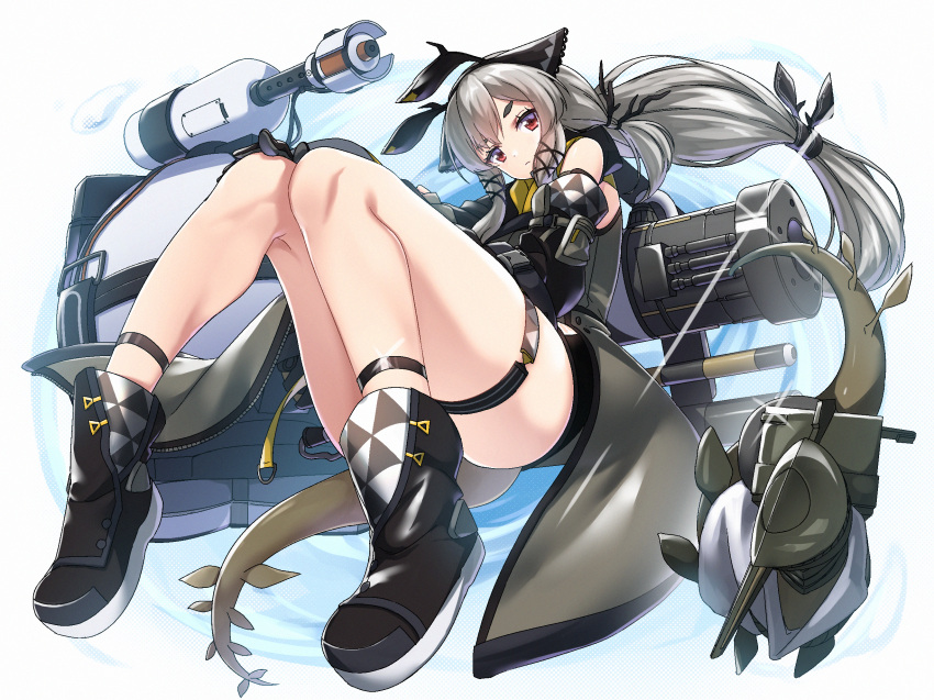 1girl arknights bangs bare_legs bare_shoulders black_footwear black_gloves boots cannon commentary_request detached_sleeves expressionless full_body gloves grey_jacket head_tilt highres jacket knees_together_feet_apart leaf_(arknights) long_hair long_sleeves looking_at_viewer low-tied_long_hair minowa_sukyaru red_eyes sidelocks silver_hair solo standing tail thigh_strap thighs very_long_hair weapon weapon_on_back weedy_(arknights) white_background