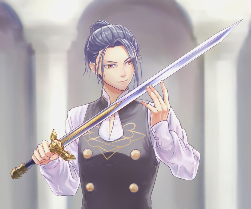 1boy black_vest brown_eyes commentary_request felix_hugo_fraldarius fire_emblem fire_emblem:_three_houses garreg_mach_monastery_uniform grey_hair hand_up holding holding_sword holding_weapon male_focus shio_robin shirt short_hair solo sword upper_body vest weapon white_shirt