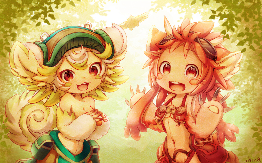 2girls :d absurdres animal_ears artist_name blush_stickers body_fur breasts claws commentary_request furry goggles goggles_on_head green_hair hand_up highres huge_filesize long_hair looking_at_viewer made_in_abyss mitty_(made_in_abyss) mitty_(made_in_abyss)_(furry) multicolored_hair multiple_girls navel nina_(maurururoa) open_mouth prushka red_eyes redhead short_hair small_breasts smile two-tone_hair whiskers white_hair