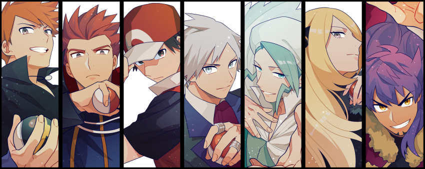 1girl 6+boys bangs baseball_cap black_hair black_shirt blonde_hair blue_oak brown_eyes cape clenched_teeth collared_shirt commentary_request cynthia_(pokemon) fur-trimmed_cape fur_trim grey_eyes grey_hair hair_ornament hand_on_headwear hat highres holding holding_poke_ball jacket jewelry lance_(pokemon) leon_(pokemon) long_hair long_sleeves looking_at_viewer multiple_boys necklace orange_hair poke_ball poke_ball_(basic) pokemon pokemon_(game) pokemon_dppt pokemon_frlg pokemon_hgss pokemon_rse pokemon_swsh purple_hair red_(pokemon) red_cape red_headwear redhead ring shirt smile spiky_hair steven_stone teeth ultra_ball wallace_(pokemon) white_shirt y_(036_yng)