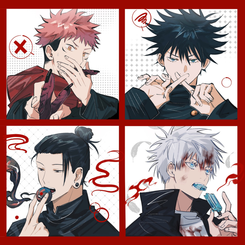 ball bangs black_hair black_jacket blood bloody_clothes blue_eyes covering_mouth ear_piercing eating fingers food fushiguro_megumi gakuran getou_suguru gojou_satoru hair_between_eyes hair_bun hair_pulled_back hand_over_own_mouth hands_up highres holding hood hood_down hoodie itadori_yuuji jacket jujutsu_kaisen long_sleeves looking_at_viewer looking_away netsus3 open_mouth piercing pink_hair popsicle red_hoodie school_uniform shirt short_hair spiky_hair undercut upper_body white_hair white_shirt x_fingers yellow_eyes