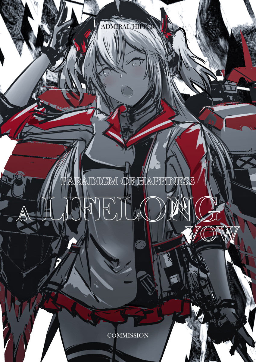 1girl absurdres admiral_hipper_(azur_lane) azur_lane black_gloves character_name gloves grey_jacket hair_between_eyes headgear highres jacket long_hair looking_at_viewer miniskirt open_mouth red_skirt rigging skirt solo tfnfe_sach turret