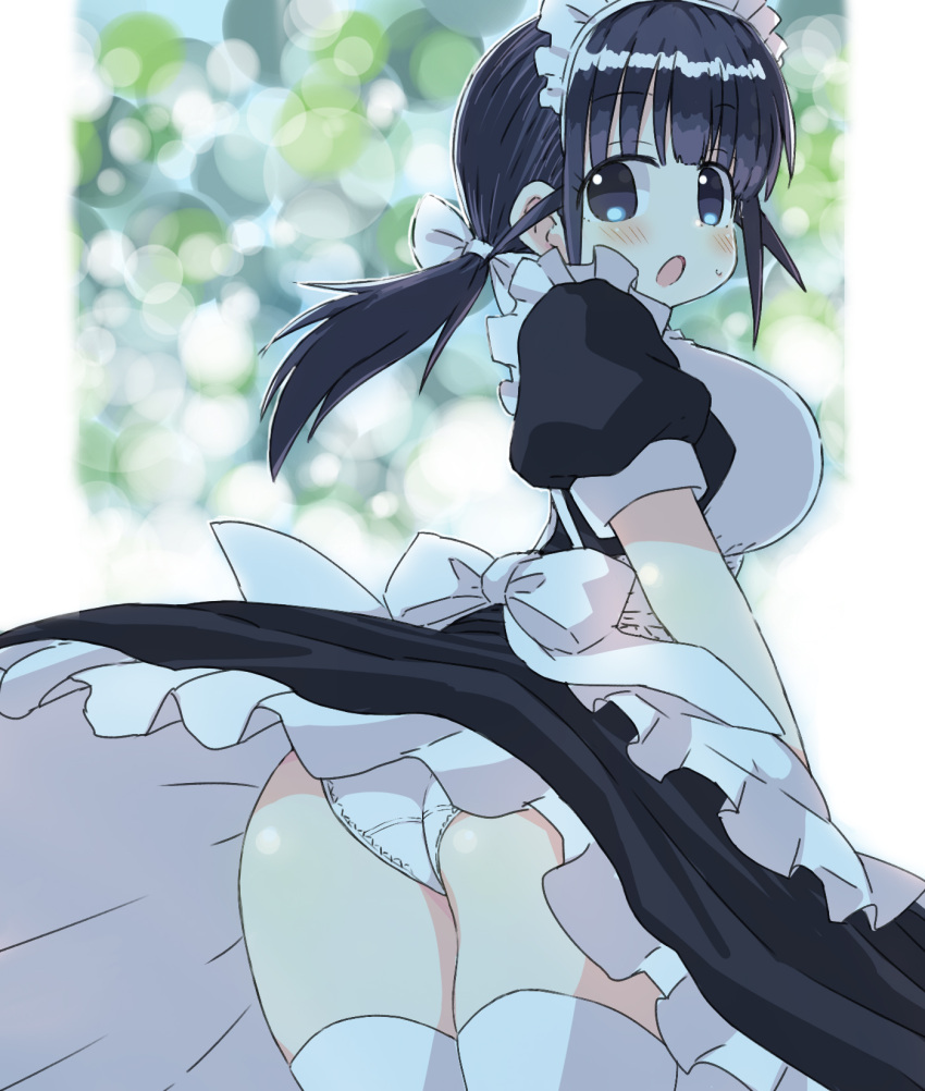 1girl :o apron ass black_eyes black_hair blurry blurry_background blush breasts highres large_breasts maid maid_apron maid_headdress naitou_kouse original panties ponytail puffy_short_sleeves puffy_sleeves short_sleeves solo thigh-highs underwear white_legwear wind wind_lift