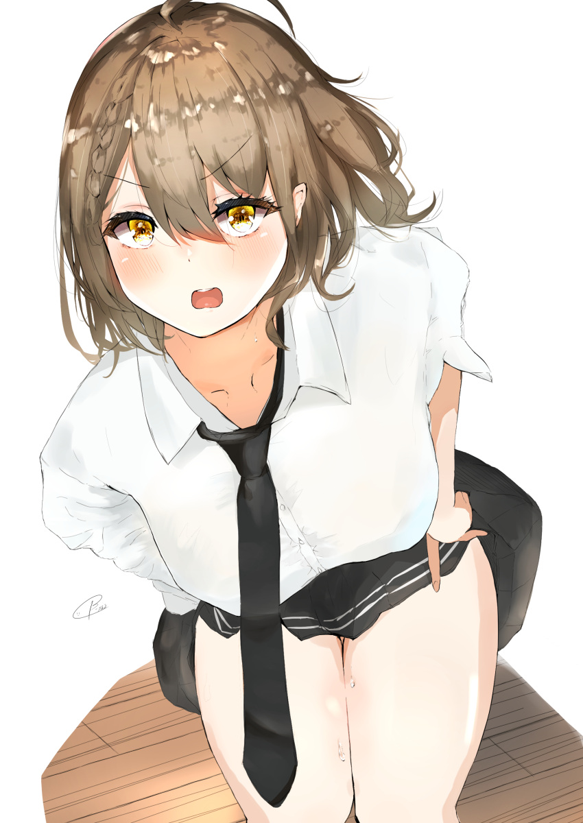 1girl absurdres azur_lane b-shi bag baltimore_(after-school_ace)_(azur_lane) baltimore_(azur_lane) black_neckwear black_skirt braid brown_hair collared_shirt eyebrows_visible_through_hair french_braid highres looking_at_viewer looking_up loose_necktie medium_hair miniskirt necktie official_alternate_costume open_mouth pleated_skirt school_bag school_uniform shirt short_sleeves signature simple_background skirt solo white_background white_shirt yellow_eyes