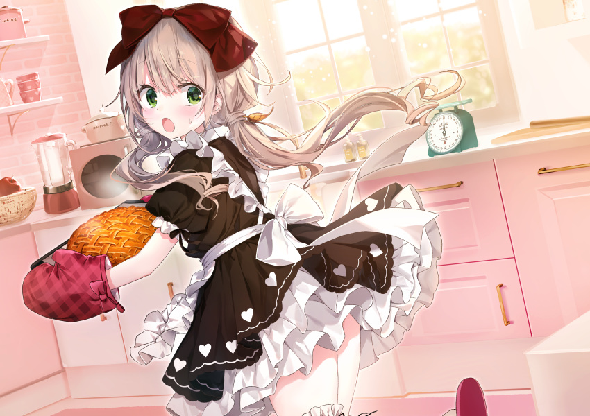 1girl :o absurdres apple apron back_bow bangs black_dress blush bow commentary_request day dress emia_(castilla) eyebrows_visible_through_hair food frilled_dress frills from_behind fruit green_eyes hair_bow highres holding holding_tray indoors kitchen light_brown_hair long_hair looking_at_viewer looking_back maid microwave mixer_(cooking) original oven_mitts pie puffy_short_sleeves puffy_sleeves red_bow red_mittens short_sleeves solo sweatdrop timer tray twintails walking white_apron white_bow window