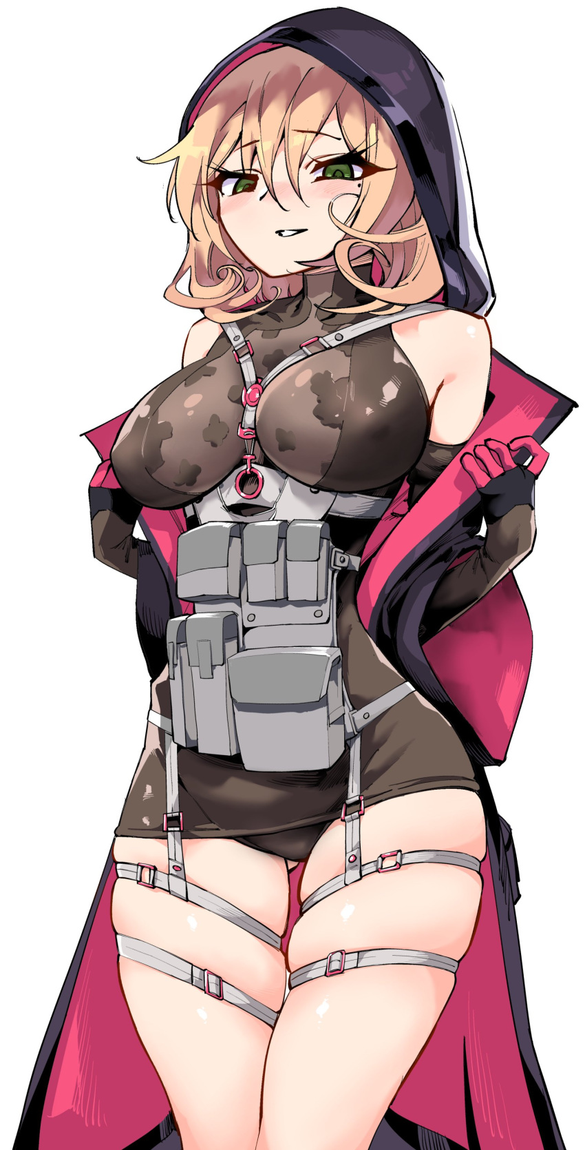 1girl absurdres bare_shoulders blonde_hair blush breasts covered_nipples dress girls_frontline green_eyes highres kinbakuman large_breasts medium_hair off_shoulder parted_lips px4_storm_(girls_frontline) short_dress skindentation solo tight tight_dress