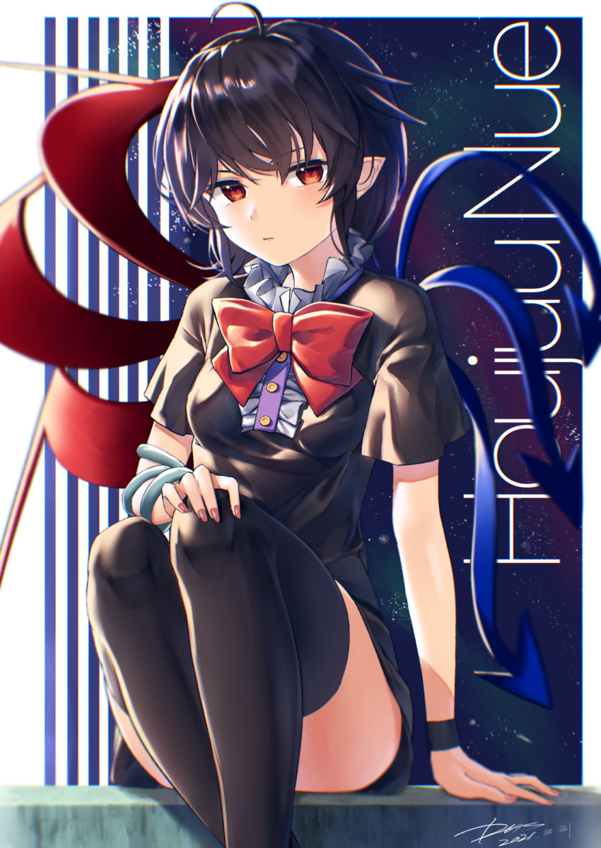 1girl ahoge arm_support asymmetrical_wings bangs black_dress black_hair black_legwear blurry bow bowtie breasts center_frills character_name closed_mouth commentary_request dated depth_of_field dress expressionless eyebrows_visible_through_hair feet_out_of_frame fingernails frills hand_on_own_knee highres houjuu_nue kisamu_(ksmz) looking_at_viewer pointy_ears red_bow red_eyes red_neckwear short_hair short_sleeves signature sitting small_breasts solo thigh-highs touhou wings wristband