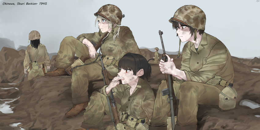 absurdres boots canteen dirty dirty_clothes dirty_face gun helmet highres holding long_hair m1_carbine marine military military_uniform mud multiple_girls original rifle smoke soldier the_pacific the_zombie5555 uniform united_states_marine_corps weapon world_war_ii