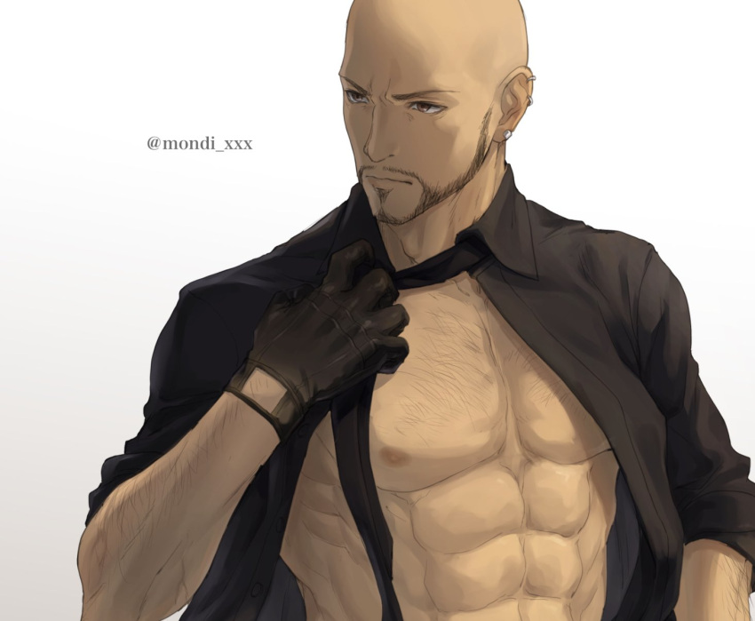 1boy abs bald beard black_gloves black_neckwear black_shirt brown_eyes closed_mouth collared_shirt ear_piercing earrings facial_hair final_fantasy final_fantasy_vii gloves gradient gradient_background grey_background hand_up highres jewelry male_focus mondi_hl muscular muscular_male mustache necktie nipples pectorals piercing rude_(ff7) shirt solo twitter_username undressing upper_body white_background