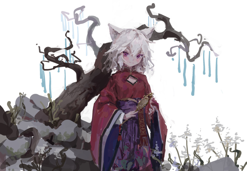 1girl abstract animal_ears bare_tree cleavage_cutout closed_mouth clothing_cutout cropped_legs flower highres holding holding_mirror light_blush long_sleeves looking_at_viewer mirror original red_shirt reddizen shirt sketch traditional_clothes tree violet_eyes white_background white_hair wide_sleeves