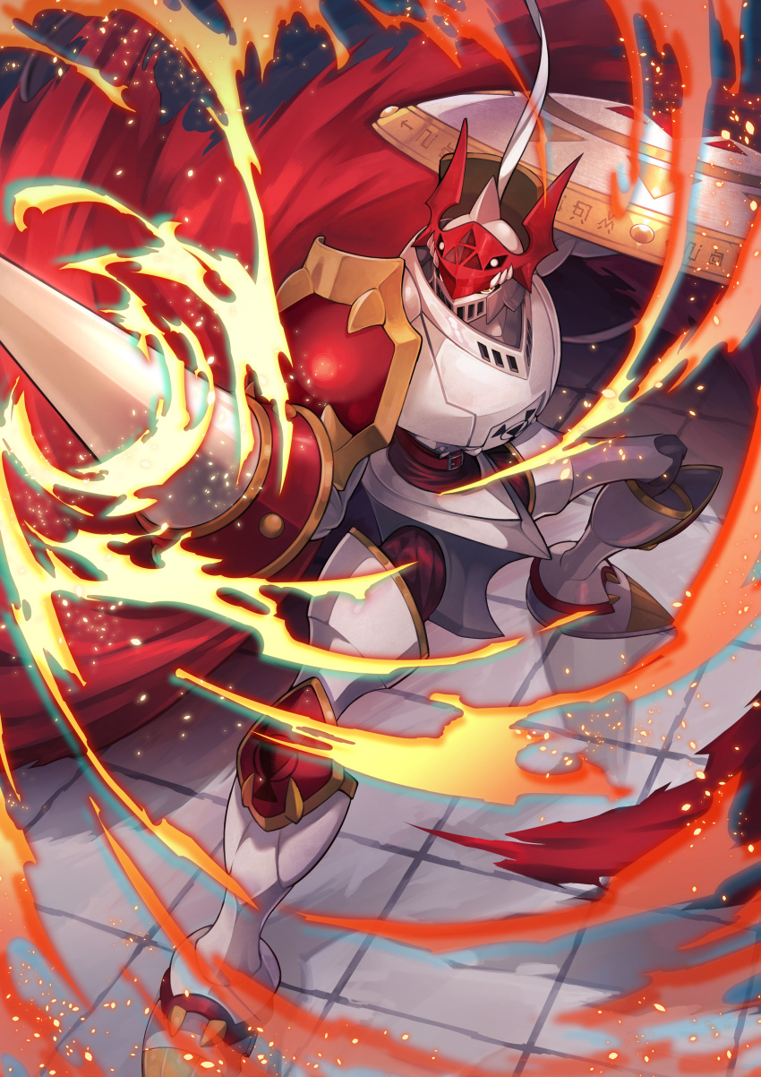 absurdres armor digimon digimon_(creature) digimon_tamers dukemon fighting_stance fire full_body grey_background helmet highres huge_filesize lance looking_at_viewer nyagaichi polearm shield solo standing weapon