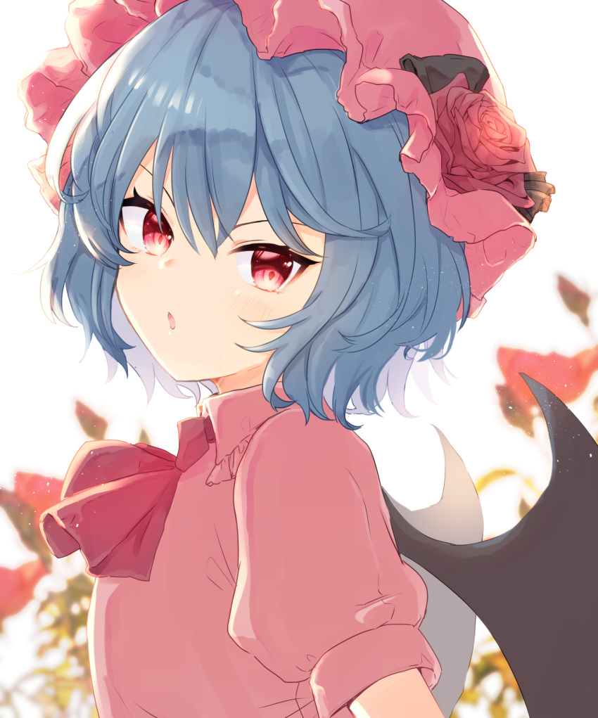 1girl aoi_(annbi) bat_wings blue_hair commentary_request flower hat hat_flower highres looking_at_viewer mob_cap open_mouth pink_headwear pink_shirt red_eyes red_neckwear remilia_scarlet rose shirt short_hair short_sleeves solo touhou upper_body white_background wings