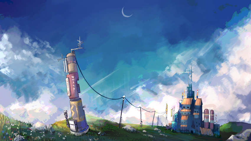 absurdres antennae blue_sky building cliff clouds cloudy_sky crescent_moon day flower fuyunoyuki grass highres landscape moon nature no_humans original outdoors power_lines rock scenery sky utility_pole